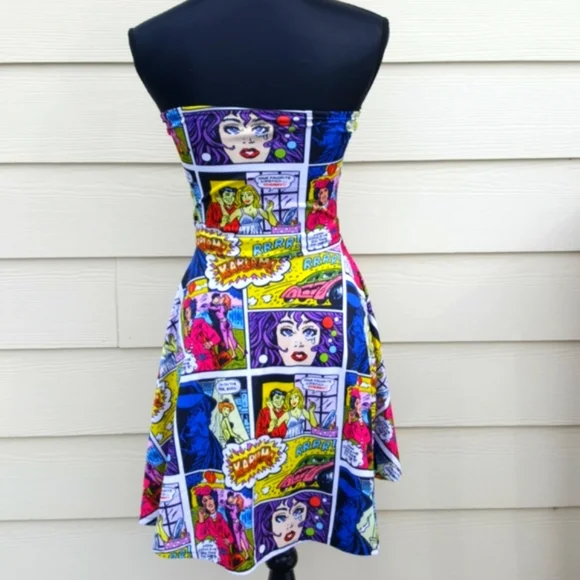 Pop Art Comic Printed Tight Strapless Dress Adult Halloween Party Costume (XS) - Picture 8 of 11